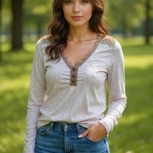 Taupe Ribbed Knit Long Sleeve Henley Top with Lace Cottagecore Large